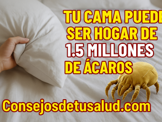 imagen de una cama, un acaro y una persona agarrando la esquina de una almohada.