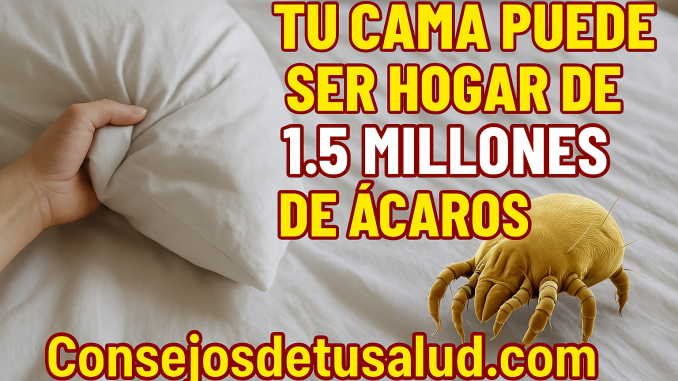 acaros imagen de una cama, un acaro y una persona agarrando la esquina de una almohada.