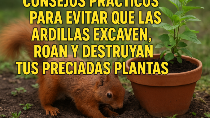 ardilla imagen de una ardilla haciendo un hoyo en la tierra, al lado de un tarro para enterrar algo que tiene en la boca.