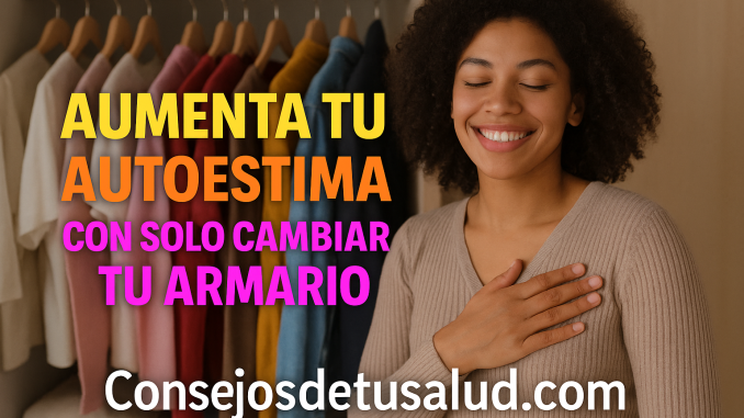 autoestima imagen de una mujer joven con la mano derecha sobre su corazon y los ojos cerrados. Hay un closet con ropas organizadas detras de la mujer.