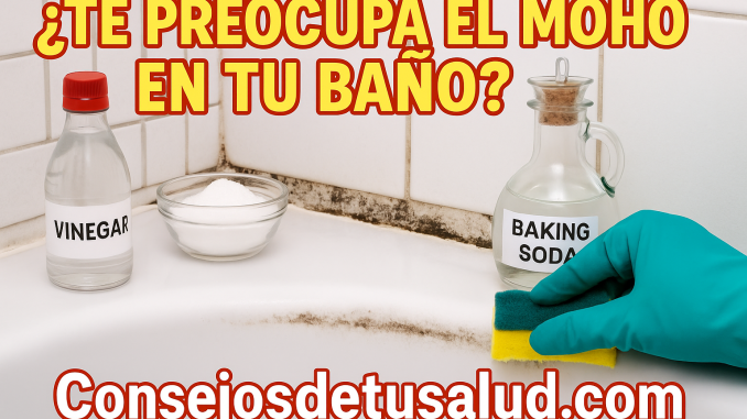 bañera imagen de la esquina de una bañera con mojo. hay un envase pequeño de vidrio con vinagre y otro con baking soda