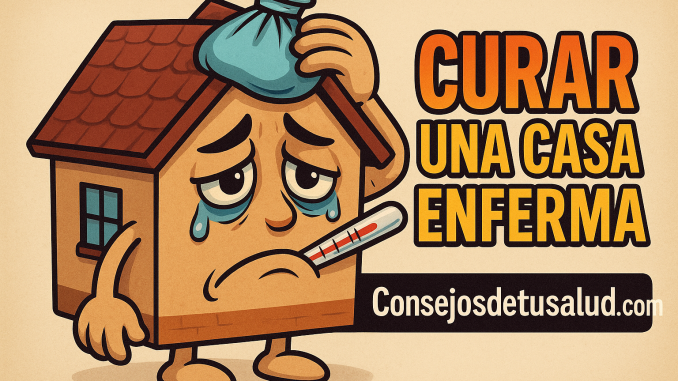 casa enferma imagen de una casa enferma. La casa tiene un termometro en la boca, los ojos tienen lagrimas, y con la mano derecha la casa esta agarrando una bolsa de hielo en la parte derecha del techo.