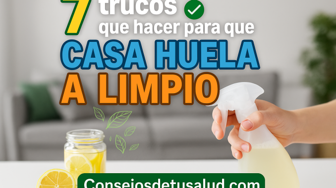 casa huela limpia una imagen de las manos de una persona con un atomizador de limpieza y un limon sobre una mesa. Hay un sofa gris detras de la mesa donde la persona esta spraying lo que contienen el atomizador.