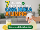 una imagen de las manos de una persona con un atomizador de limpieza y un limon sobre una mesa. Hay un sofa gris detras de la mesa donde la persona esta spraying lo que contienen el atomizador.