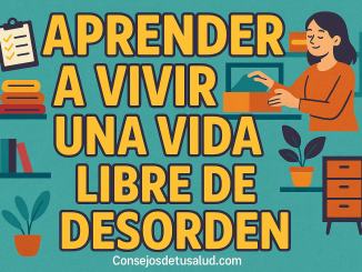 imagen de una mujer en forma de caricatura ordenando cosas dentro de una caja. una lista de cosas que hacer, ropas dobladas, libros arreglados, un gavetero, y dos plantas