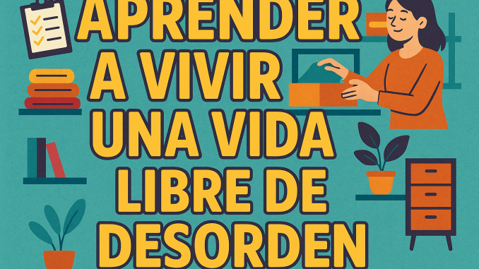 desorden imagen de una mujer en forma de caricatura ordenando cosas dentro de una caja. una lista de cosas que hacer, ropas dobladas, libros arreglados, un gavetero, y dos plantas