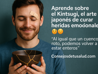 imagen de un hombre joven con una curita arriba de las cejas izquierda, los ojos cerrados, y una taza japonesa unida luego de romperse en las manos del joven