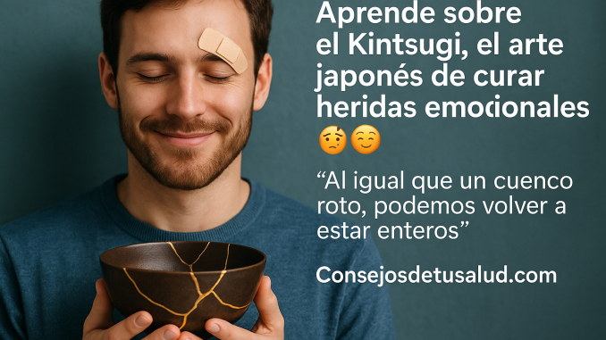 kintsugi imagen de un hombre joven con una curita arriba de las cejas izquierda, los ojos cerrados, y una taza japonesa unida luego de romperse en las manos del joven