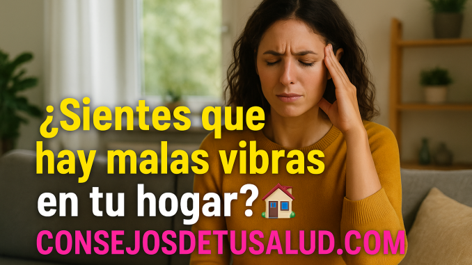 vibras en casa una imagen de una mujer joven con los ojos cerrados y sentada en un mueble. La mujer tiene los dedos de la mano izquierda colocados sobre la parte izquierda de su frente.