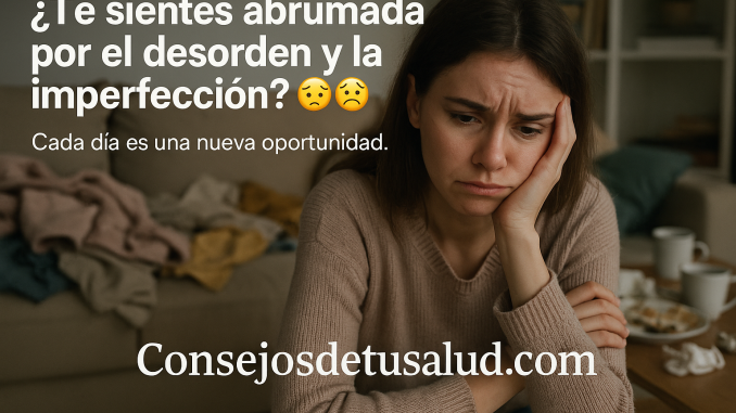wabi sabi imagen de una mujer joven preocupada y abrumada por el desorden de ropas sobre el bueble detras de ella