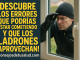 Ladrón observando por ventana abierta junto a texto de advertencia sobre errores de seguridad en el hogar.