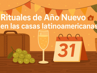 Banner festivo con texto ‘Rituales de Año Nuevo 🏡 en las casas latinoamericanas’, acompañado de uvas, copa de champaña y calendario del 31 — tradición de fin de año en hogares latinos