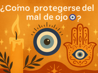Banner espiritual con texto ‘¿Cómo protegerse del mal de ojo 🧿?’, ilustrando una vela, un ojo turco y una mano de Fátima sobre fondo dorado.