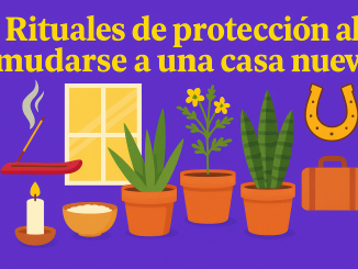 Ilustración con fondo púrpura y objetos simbólicos de rituales de mudanza: incienso, plantas, sal, vela, maleta y herradura para atraer buena suerte