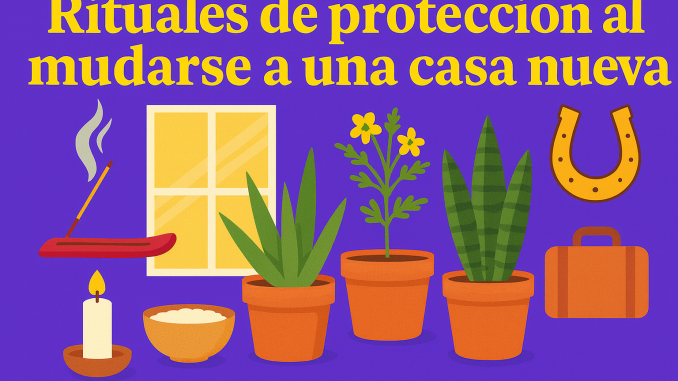 Ilustración con fondo púrpura y objetos simbólicos de rituales de mudanza: incienso, plantas, sal, vela, maleta y herradura para atraer buena suerte