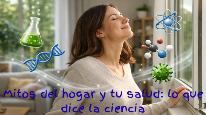 Interior de una casa con luz natural, persona respirando aire fresco junto a una ventana y elementos visuales de ciencia relacionados con la salud en el hogar