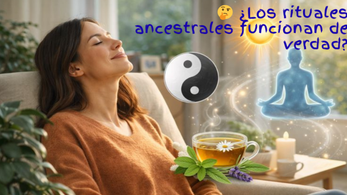Mujer relajada en un salón iluminado por luz natural, disfrutando de un momento de bienestar con infusión de hierbas, símbolos de meditación, sol y equilibrio, representando rituales ancestrales para la salud y el bienestar.