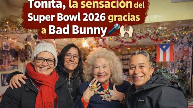 Toñita junto a tres visitantes en su club de Brooklyn tras el Super Bowl 2026 mencionado por Bad Bunny.