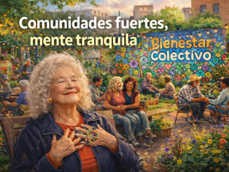 Mujer mayor respira en un jardín comunitario frente a mural “Bienestar Colectivo”, rodeada de personas y flores, con el texto “Comunidades fuertes, mente tranquila