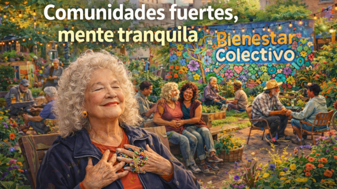 Mujer mayor respira en un jardín comunitario frente a mural “Bienestar Colectivo”, rodeada de personas y flores, con el texto “Comunidades fuertes, mente tranquila