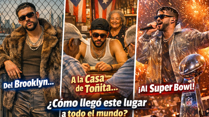 Bad Bunny en Brooklyn, dominó en Casa de Toñita y actuación estilo Super Bowl en un collage sobre su impacto cultural.