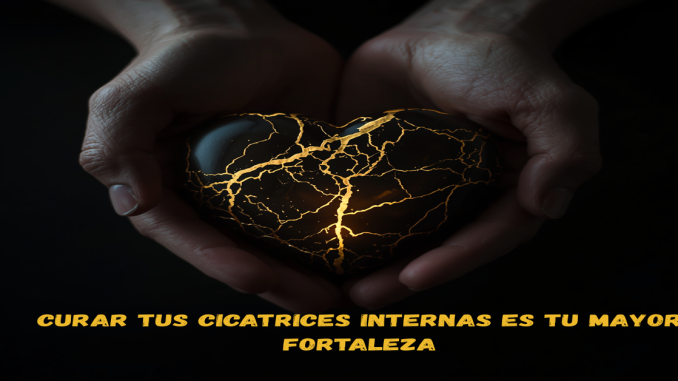Manos sosteniendo cerámica con grietas doradas, simbolizando el proceso de curar cicatrices internas.