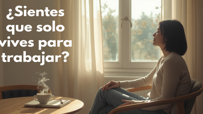 Persona relajada frente a ventana con luz natural y texto "¿Sientes que solo vives para trabajar?". Imagen sobre propósito de vida e Ikigai.