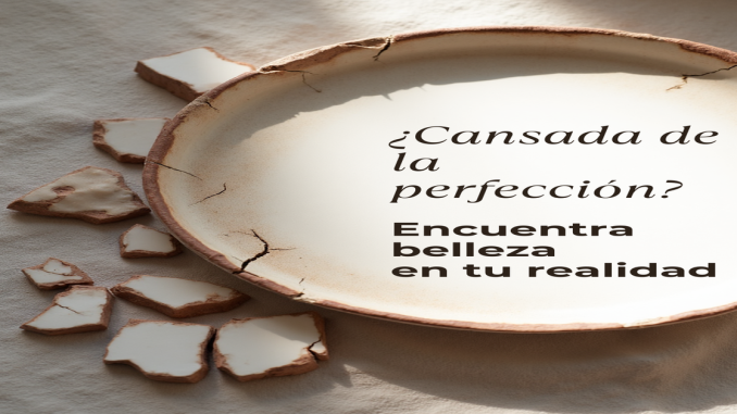 Cerámica rústica con grietas naturales sobre fondo neutro con texto "¿Cansada de la perfección?". Estética Wabi-Sabi de paz en lo imperfecto.