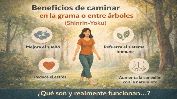 Persona caminando descalza sobre grama en un bosque, disfrutando de la naturaleza y sus beneficios.