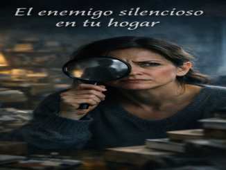 Persona con lupa en una habitación oscura llena de libros, investigando un posible “enemigo silencioso” en el hogar.