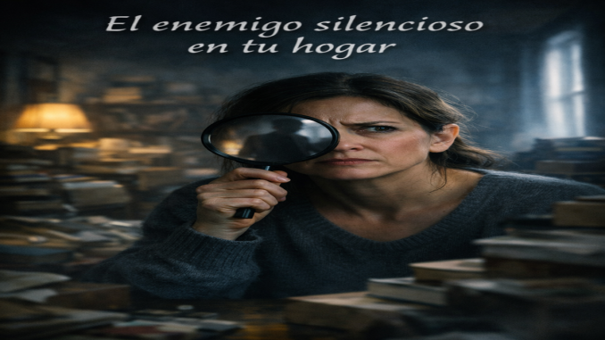 Persona con lupa en una habitación oscura llena de libros, investigando un posible “enemigo silencioso” en el hogar.
