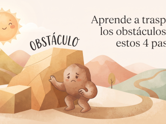 Una ilustración estilo acuarela muestra un personaje de roca triste empujando una gran roca etiquetada como "OBSTÁCULO". A la derecha, el texto dice: "Aprende a traspasar los obstáculos con estos 4 pasos." Un sol sonriente está en la esquina superior izquierda.