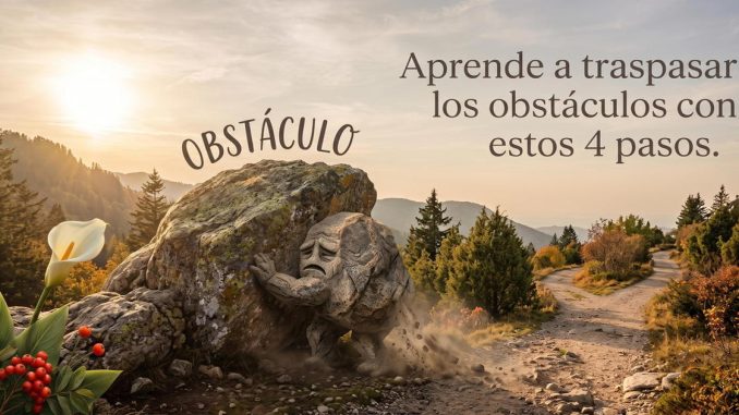 Paisaje montañoso al atardecer con un camino dividido y una figura rocosa que simboliza un obstáculo.
