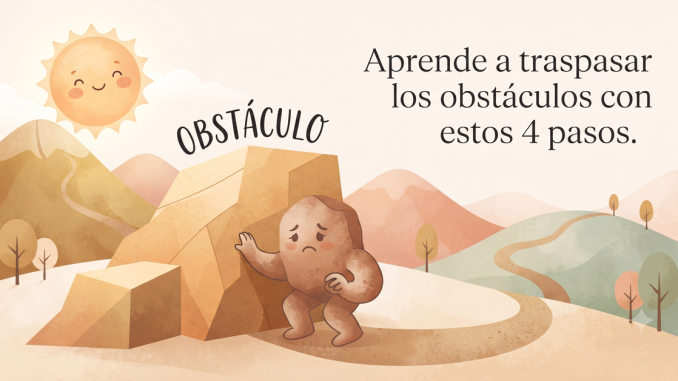 Una ilustración estilo acuarela muestra un personaje de roca triste empujando una gran roca etiquetada como "OBSTÁCULO". A la derecha, el texto dice: "Aprende a traspasar los obstáculos con estos 4 pasos." Un sol sonriente está en la esquina superior izquierda.