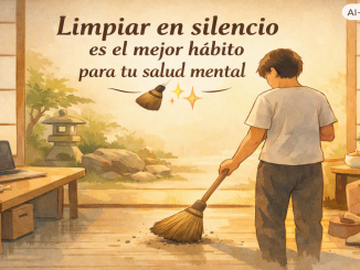 Persona barriendo en una habitación iluminada y tranquila que conecta con un jardín exterior.