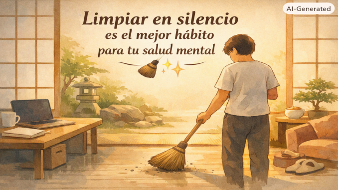 Persona barriendo en una habitación iluminada y tranquila que conecta con un jardín exterior.