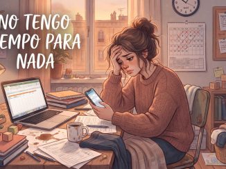 Persona abrumada en un escritorio desordenado con laptop, papeles y objetos del hogar alrededor.