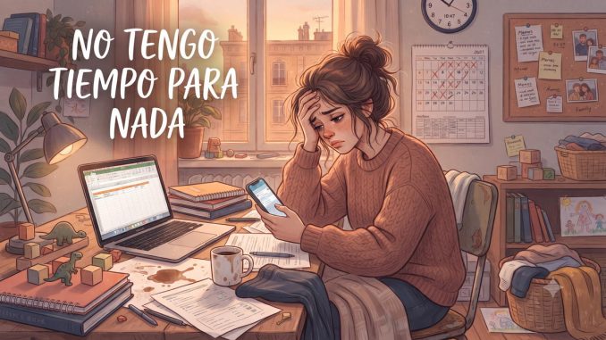 Persona abrumada en un escritorio desordenado con laptop, papeles y objetos del hogar alrededor.