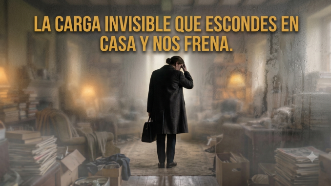 Una persona abrumada, de espaldas en una habitación llena de libros y desorden, vista a través de un cristal empañado y mojado.