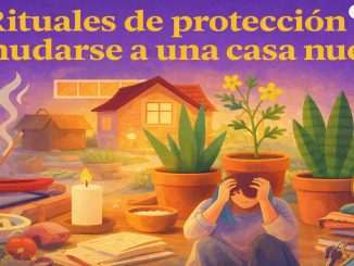 Persona sentada entre objetos simbólicos de protección mientras se muda a una casa nueva.