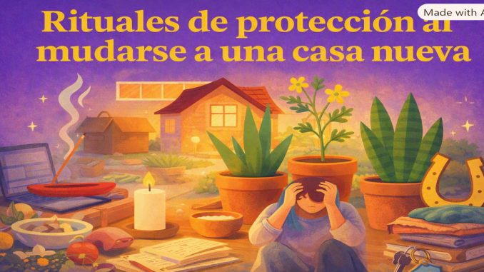 Persona sentada entre objetos simbólicos de protección mientras se muda a una casa nueva.