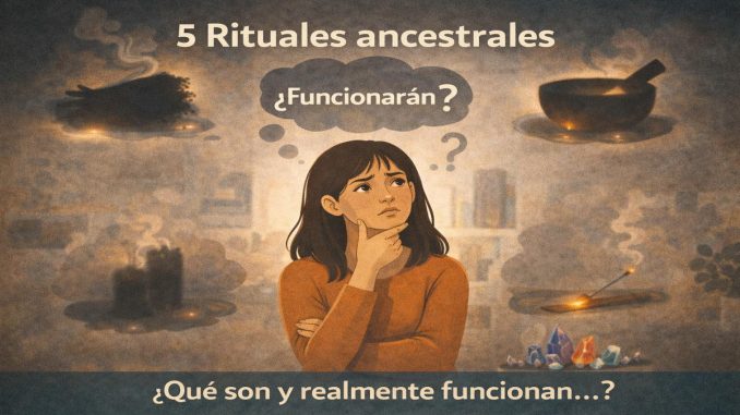 Persona pensativa rodeada de incienso, velas y objetos rituales, cuestionando la eficacia de prácticas ancestrales.