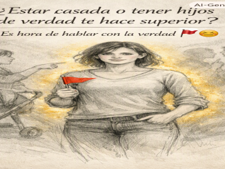 Ilustración tipo sketch de mujer con bandera roja frente a otra con cochecito que la señala, texto reflexivo arriba