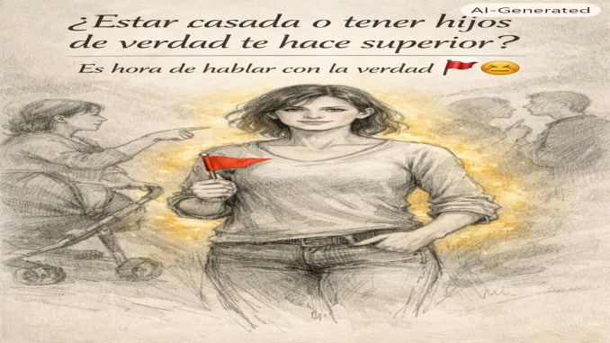 Ilustración tipo sketch de mujer con bandera roja frente a otra con cochecito que la señala, texto reflexivo arriba