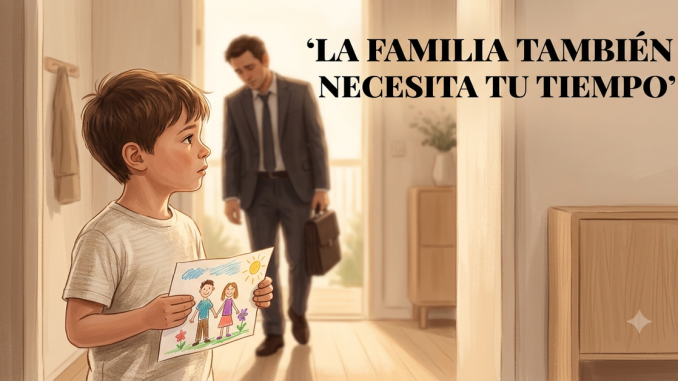 Niño con dibujo familiar y padre cansado al fondo con texto: "La familia también necesita tu tiempo". Concepto de equilibrio laboral