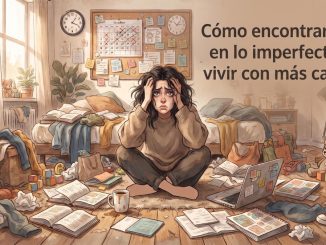 Persona sentada en un dormitorio desordenado, rodeada de objetos, buscando calma en medio del caos.