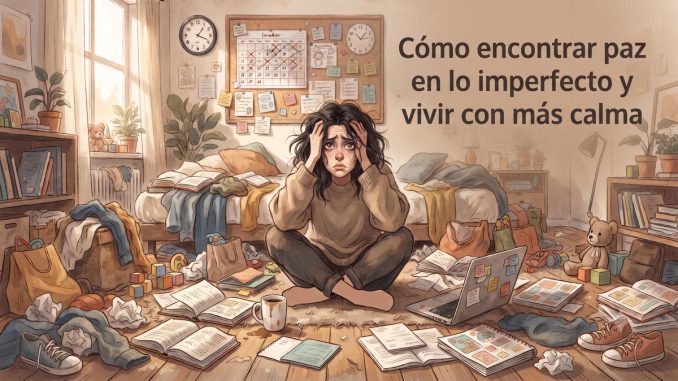 Persona sentada en un dormitorio desordenado, rodeada de objetos, buscando calma en medio del caos.