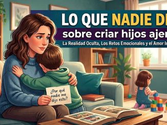 Mujer abrazando a su hijo de espaldas mientras sostiene una nota, con una niña jugando con bloques al fondo.