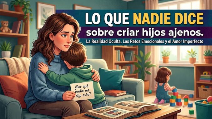 Mujer abrazando a su hijo de espaldas mientras sostiene una nota, con una niña jugando con bloques al fondo.