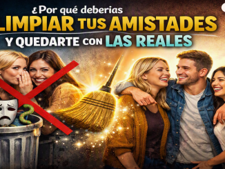 Dos grupos contrastan: amistades falsas con máscaras y un gran X rojo, frente a amigos reales riendo bajo luz cálida y un fondo brillante.